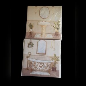 Vintage Bathroom Wall Art Set - Elegant Gold Pedestal Sink and Clawfoot Bathtub